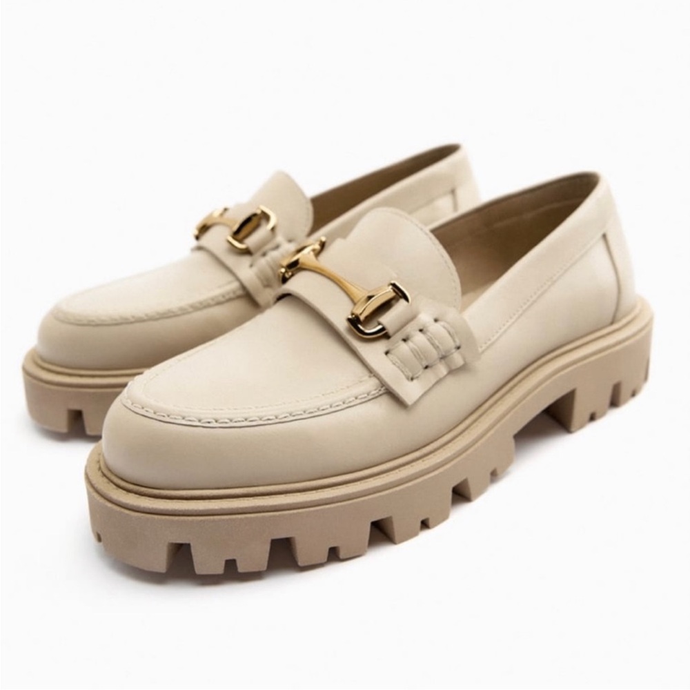 Zara Beige Genuine Leather Loafers Size 9 Chunky Lug Heel Gold Buckle